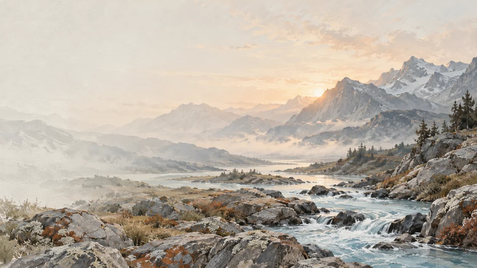 Painted mountain valley with a stream winding between stone banks